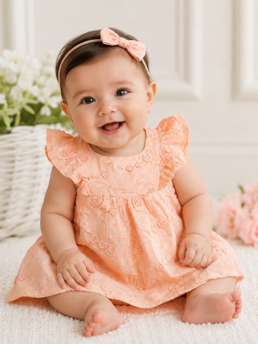 Snug Baby Girls Peach Floral Embroidered Flutter Dress 3-6M